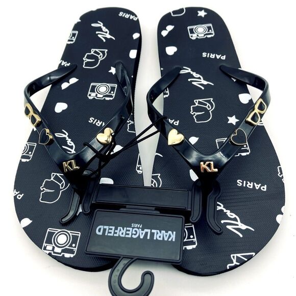 NWT Karl Lagerfeld Paris Women’s Signature Logo Black Sandals 8M - Picture 1 of 8